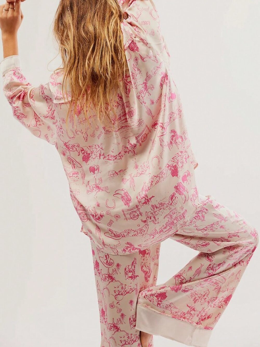 Pink Boho Women's Long Sleeve Shirt & Wide Leg Pants Pajama Set - Picture 3 of 3